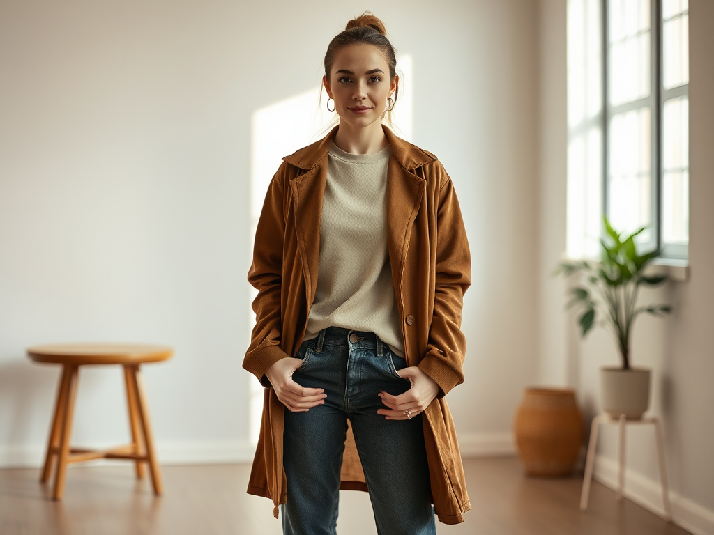 Een vrouw poseert met een bruine jas en casual outfit in een lichte, moderne kamer met eenplant.