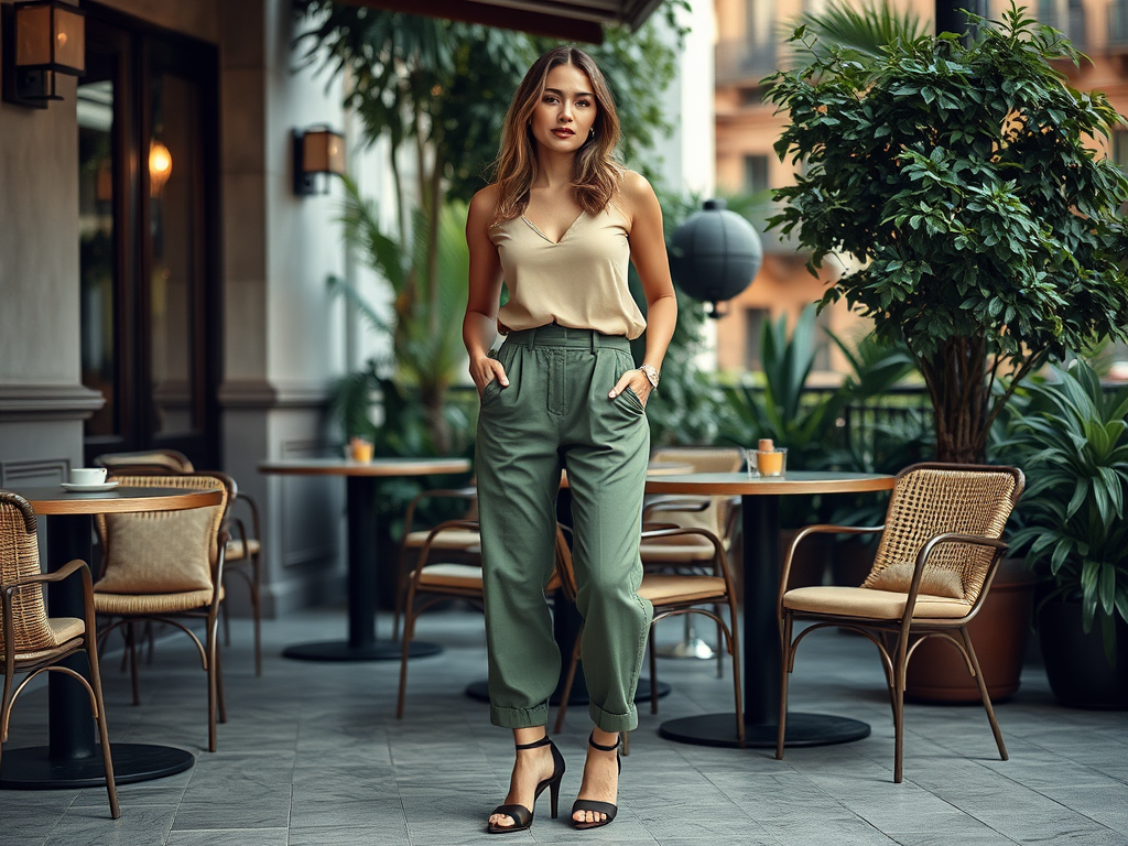 Een vrouw in een lichte top en groene broeken poseert in een moderne café-omgeving met planten.