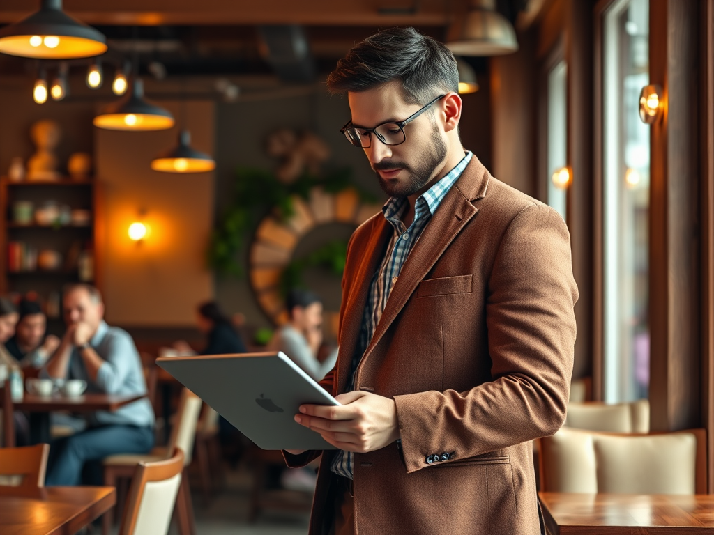 Een man in een café leest op zijn tablet, omringd door mensen in een gezellige sfeer.