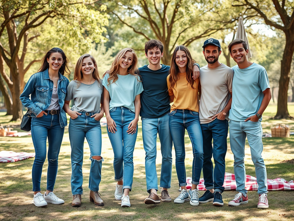 Een groep van zeven vrienden staat vrolijk samen in een park, gekleed in casual kleding en jeans.