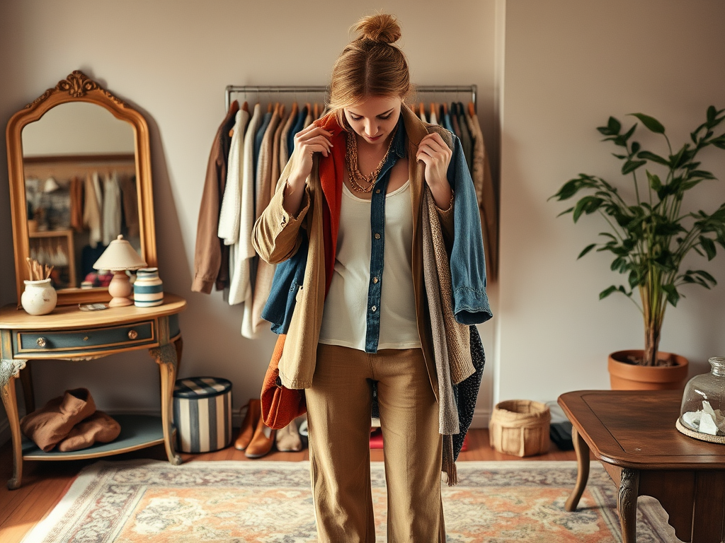 Een vrouw in een kledingkamer houdt verschillende jassen vast en kijkt naar haar outfit in de spiegel.