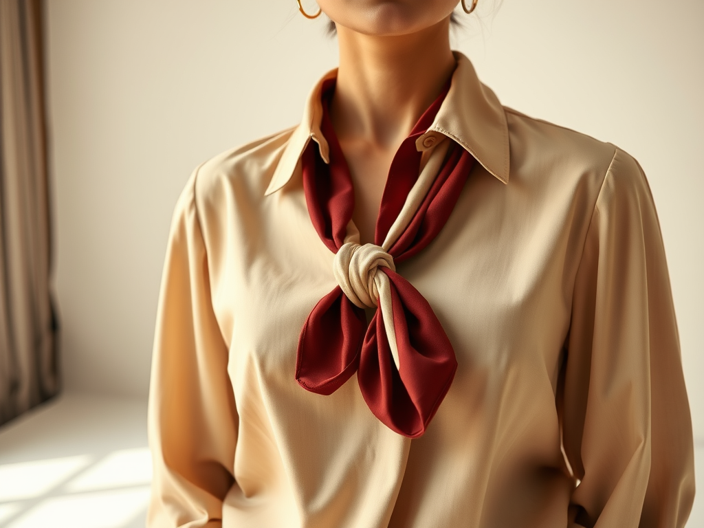 Een vrouw in een crèmewitte blouse met een stijlvolle rood-beige bloes om haar nek geknoopt.