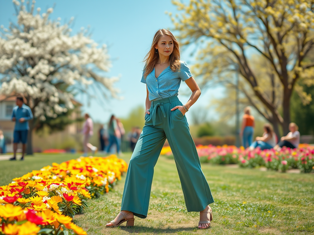 Jongedame in een luchtige outfit poseert tussen kleurrijke bloemen en mensen in een zonnig park.