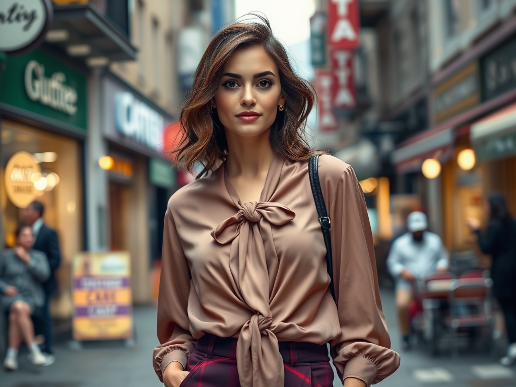 Een vrouw met een strikblouse poseert in een drukke straat vol winkels en restaurants.